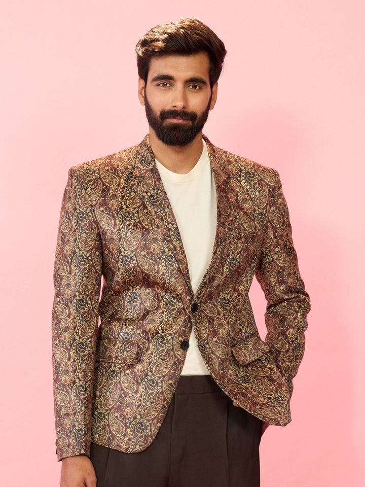 Men's Multicolour Velvet Patch Paisley Digital Print Notch Collar Wedding Blazer - view 3