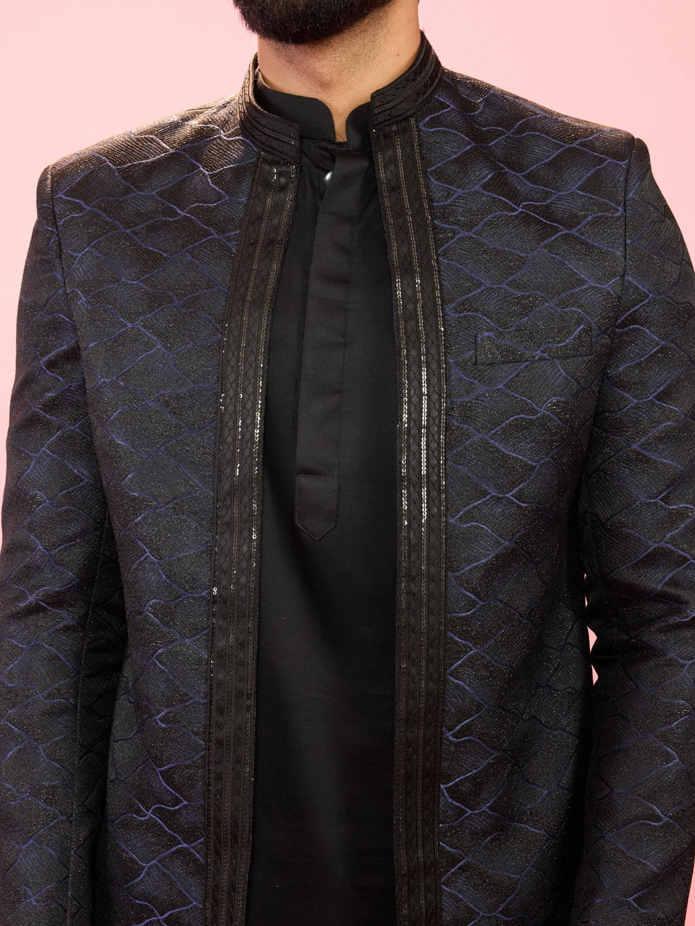 Men's Navy Blue Sequin Geometric Jodhpuri Blazer with Satin Lining - view 2