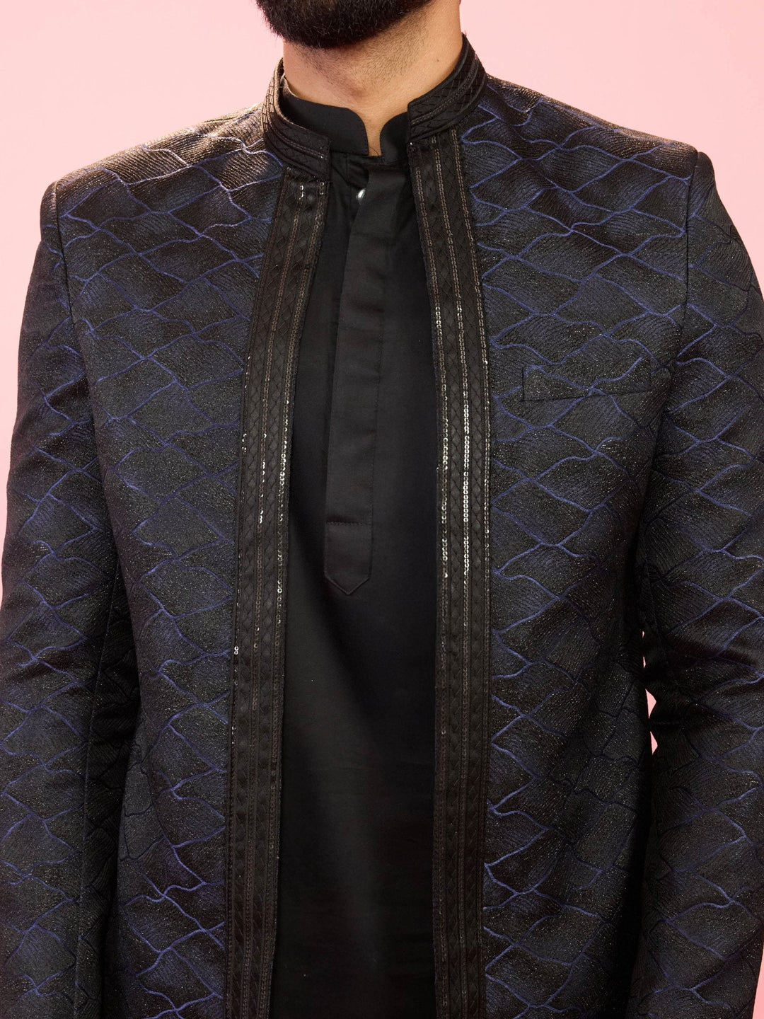 Men's Navy Blue Sequin Geometric Jodhpuri Blazer with Satin Lining - view 2