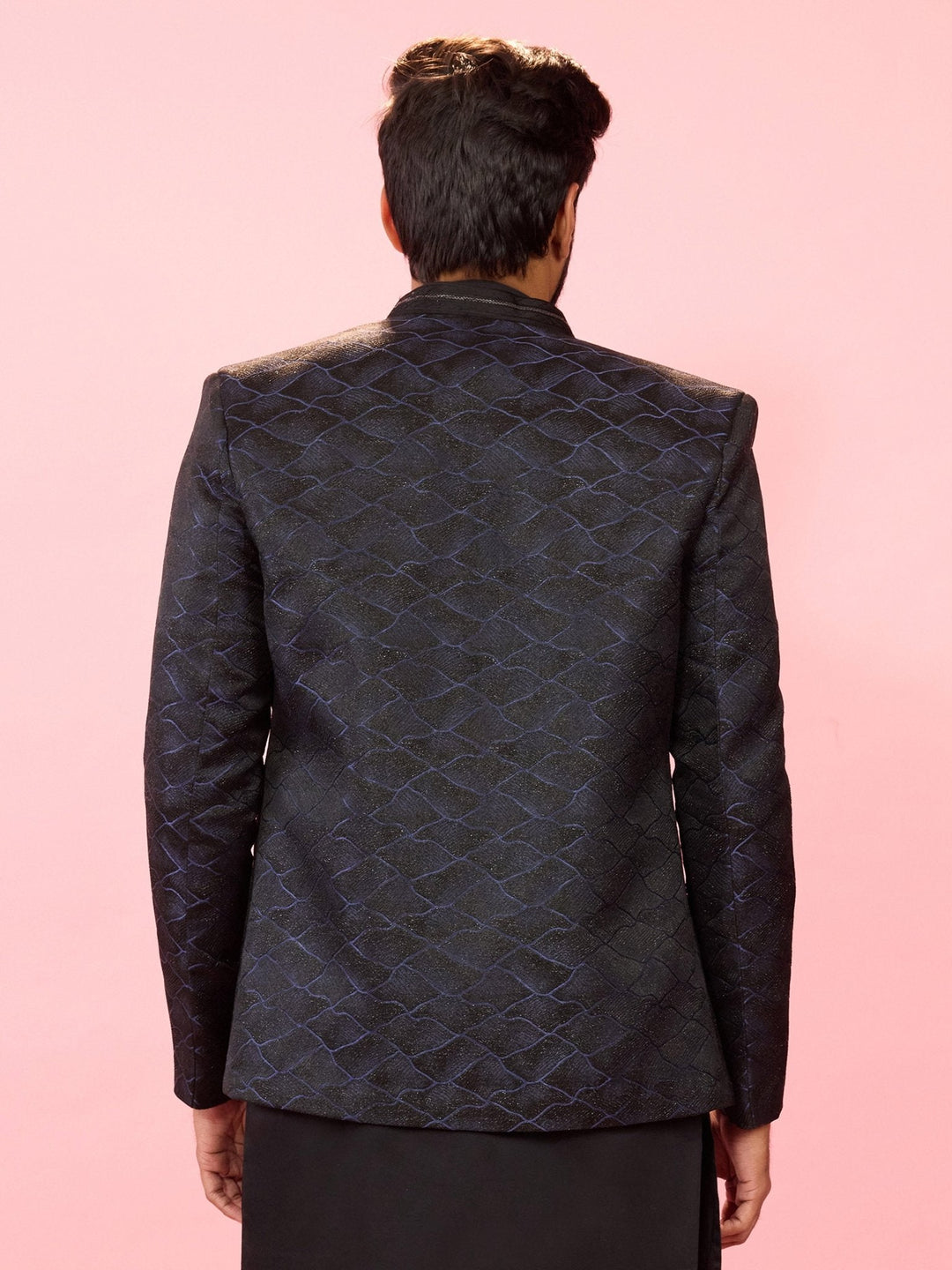 Men's Navy Blue Sequin Geometric Jodhpuri Blazer with Satin Lining - view 5
