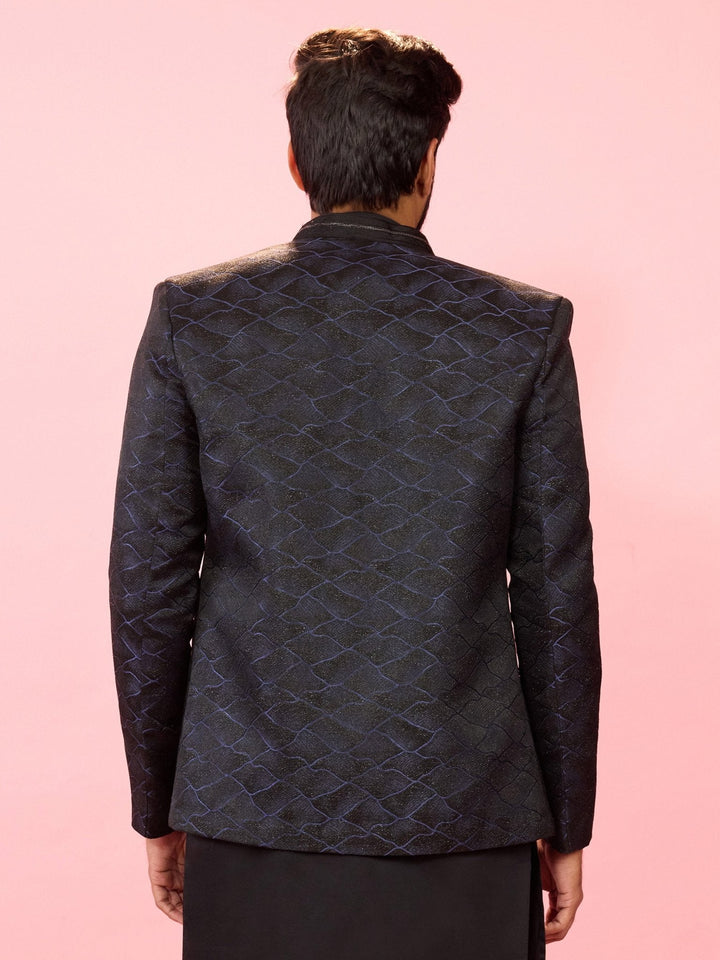 Men's Navy Blue Sequin Geometric Jodhpuri Blazer with Satin Lining - view 5