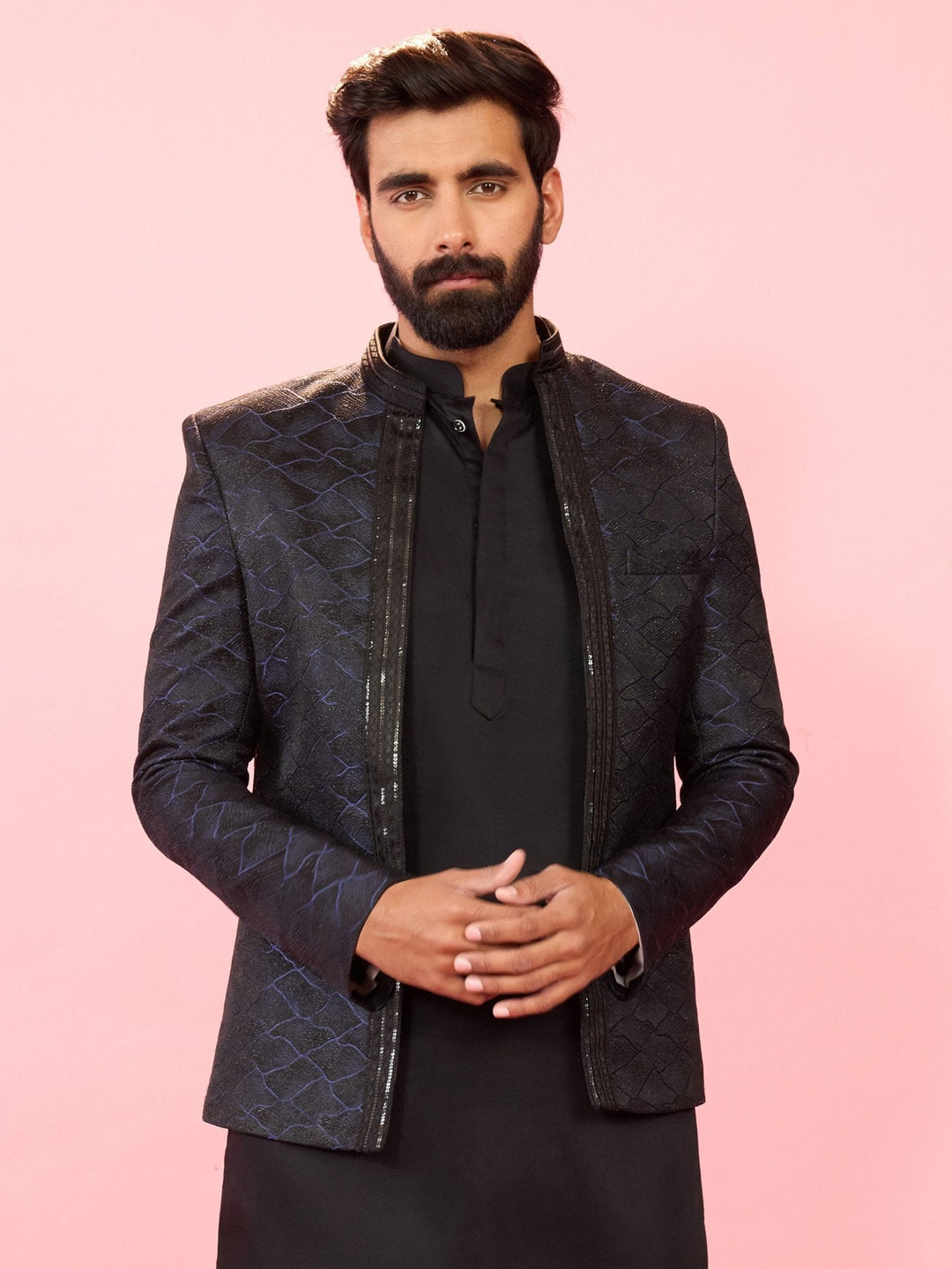Men's Navy Blue Sequin Geometric Jodhpuri Blazer with Satin Lining - view 3