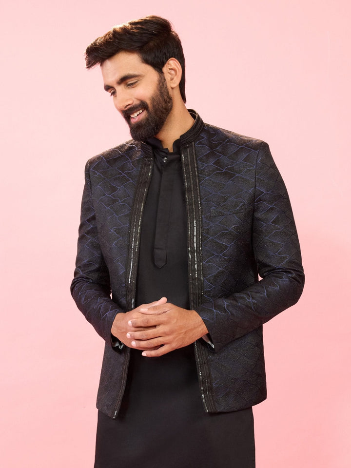 Men's Navy Blue Sequin Geometric Jodhpuri Blazer with Satin Lining - view 4