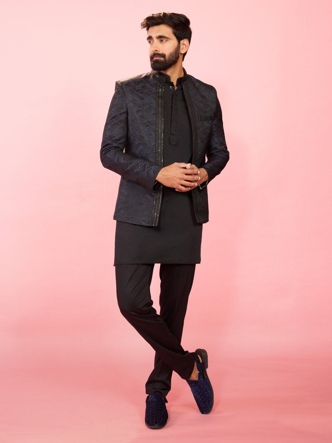Men's Navy Blue Sequin Geometric Jodhpuri Blazer with Satin Lining - view 6