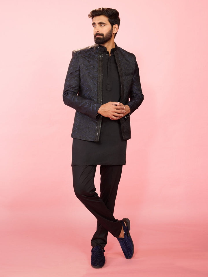 Men's Navy Blue Sequin Geometric Jodhpuri Blazer with Satin Lining - view 6