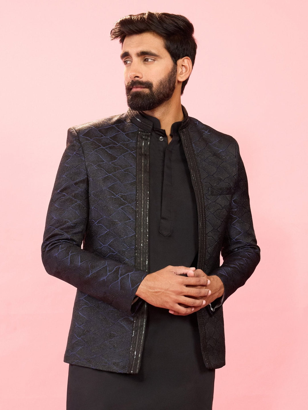 Men's Navy Blue Sequin Geometric Jodhpuri Blazer with Satin Lining