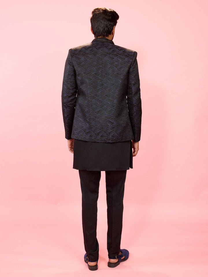 Men's Navy Blue Sequin Jodhpuri with Black Solid Satin Kurta & Pant Pyjama - view 5