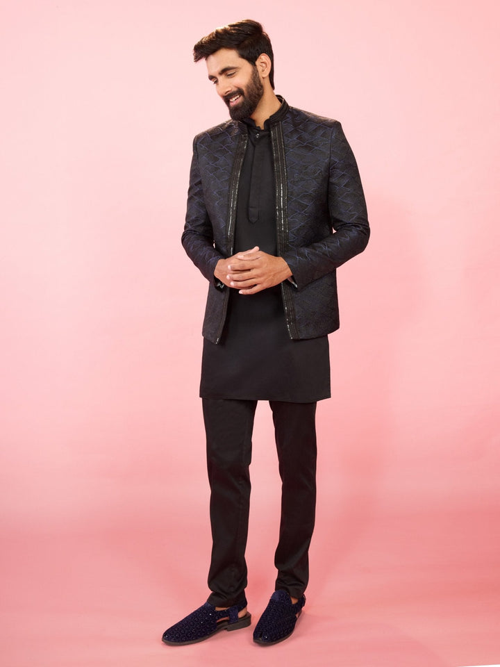 Men's Navy Blue Sequin Jodhpuri with Black Solid Satin Kurta & Pant Pyjama - view 4