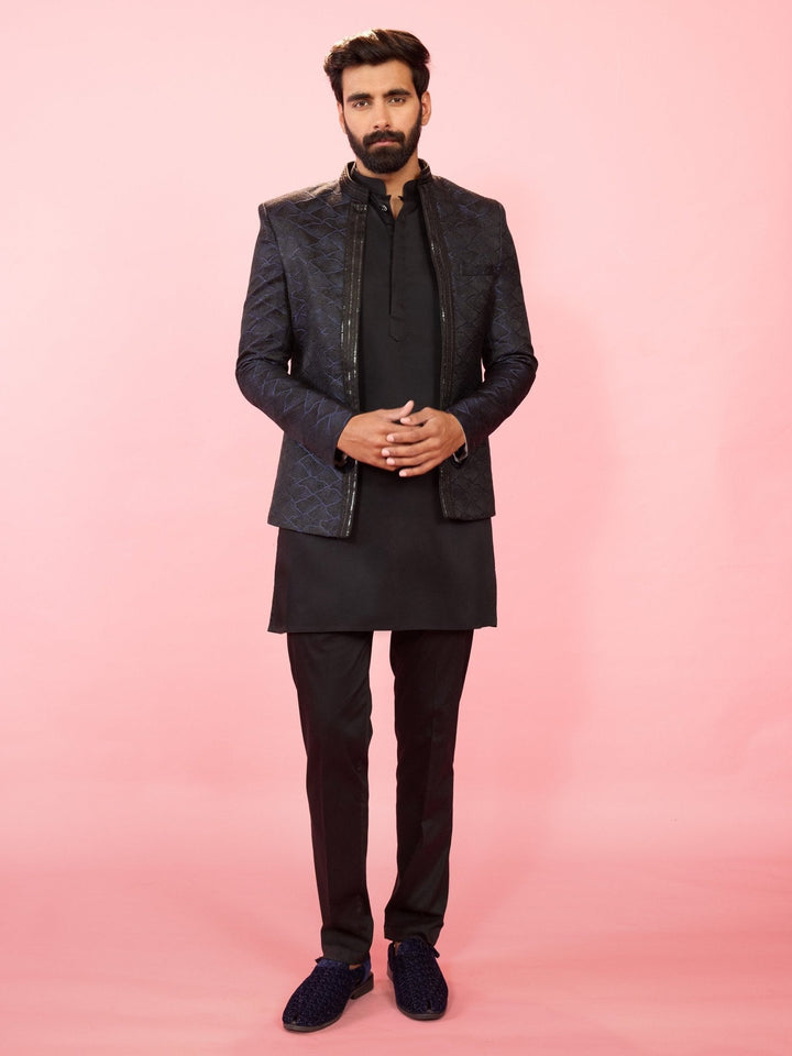 Men's Navy Blue Sequin Jodhpuri with Black Solid Satin Kurta & Pant Pyjama - view 3