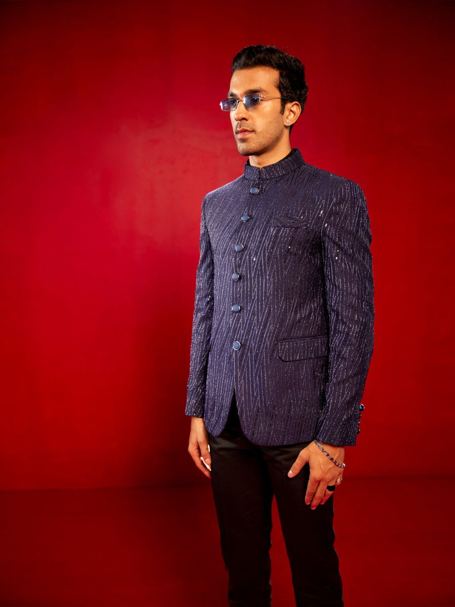 Men's Navy Blue Sequined Jodhpuri - House of Sarvati LLC