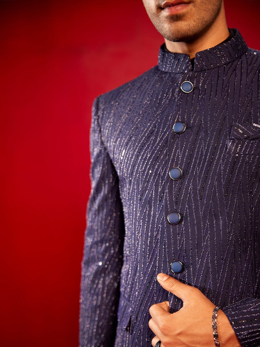 Men's Navy Blue Sequined Jodhpuri - House of Sarvati LLC