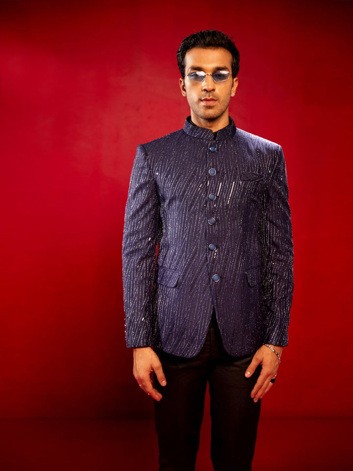 Men's Navy Blue Sequined Jodhpuri - House of Sarvati LLC