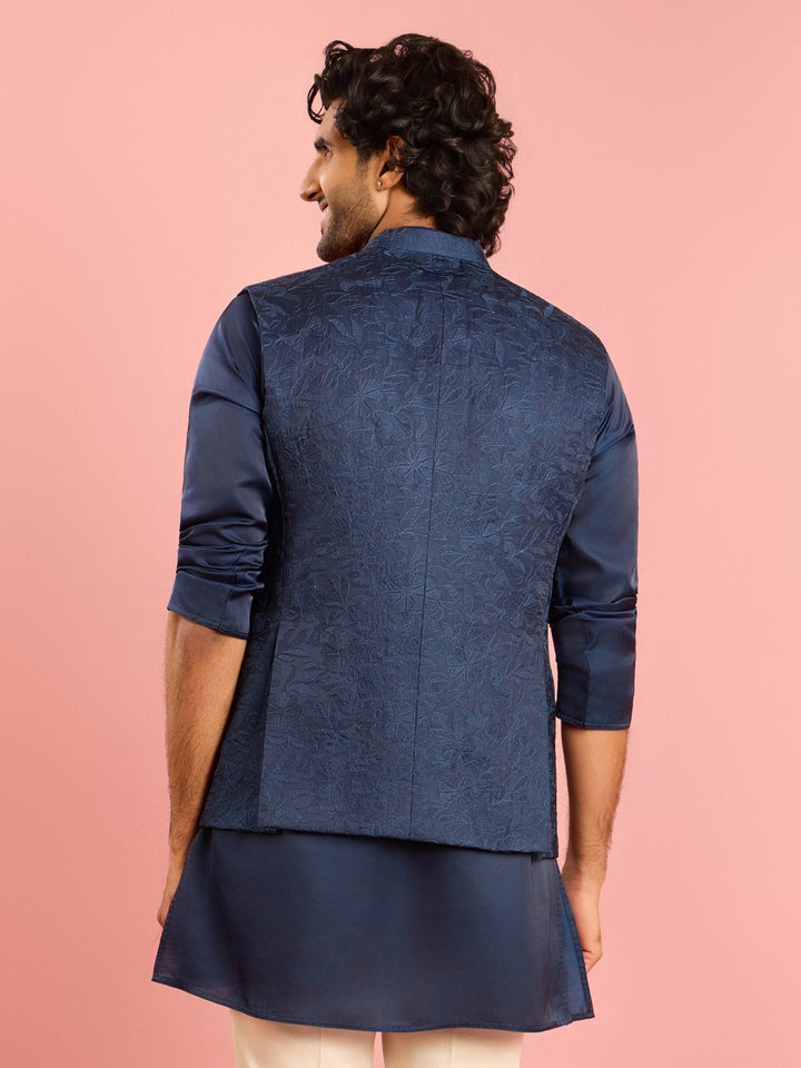 Men's Navy Blue Silk Blend Nehru Jacket - view 5