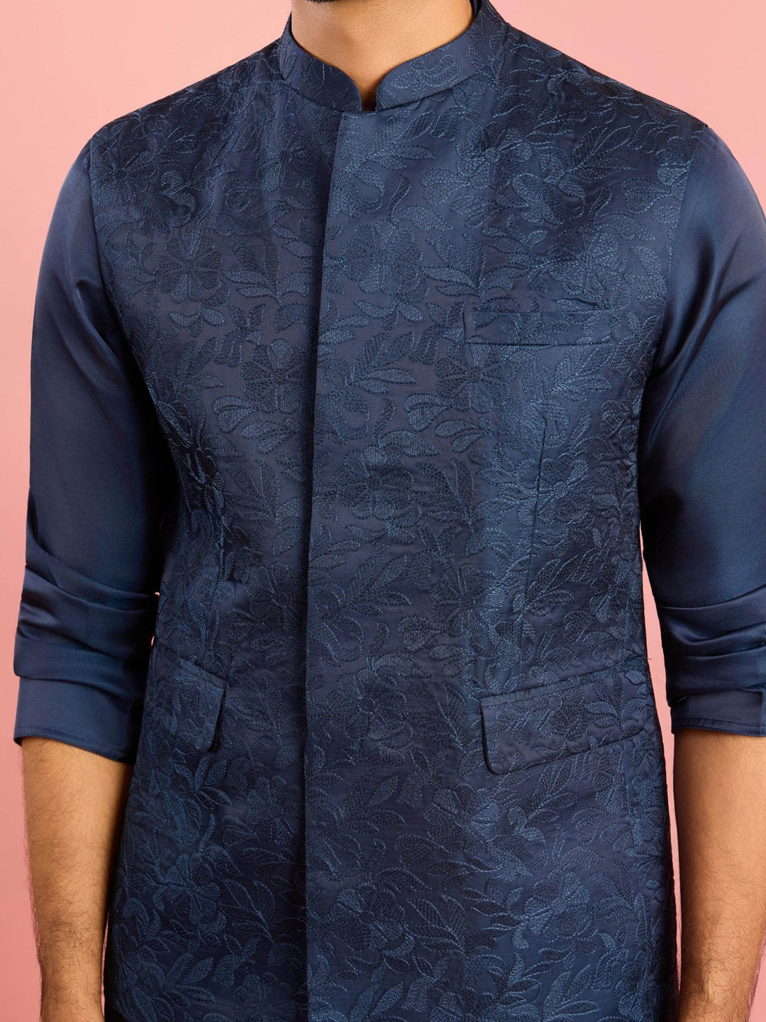 Men's Navy Blue Silk Blend Nehru Jacket - view 2