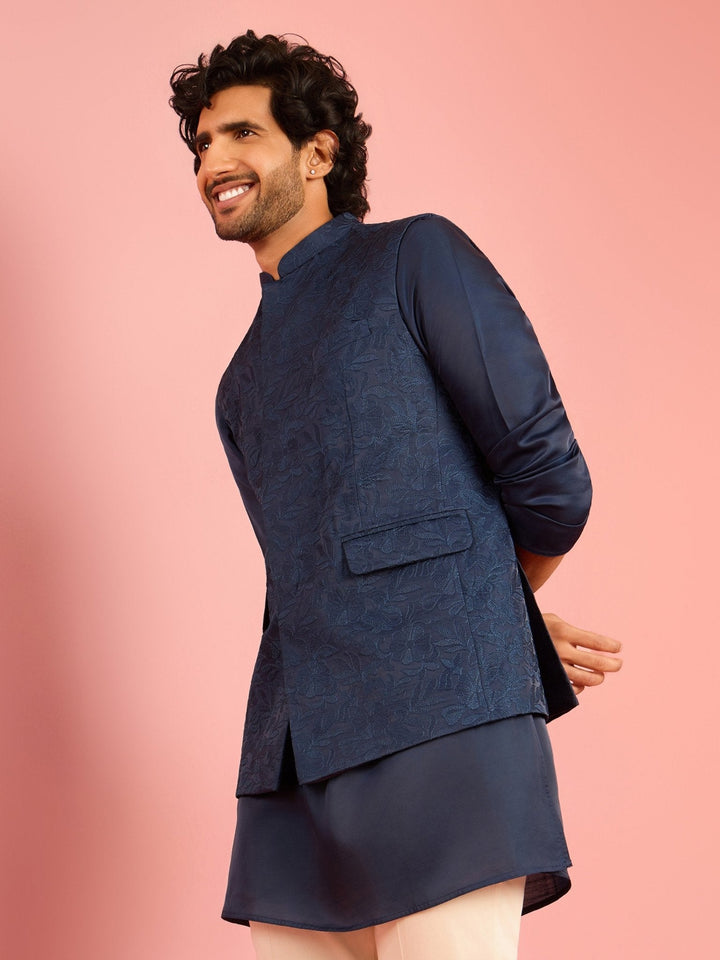 Men's Navy Blue Silk Blend Nehru Jacket