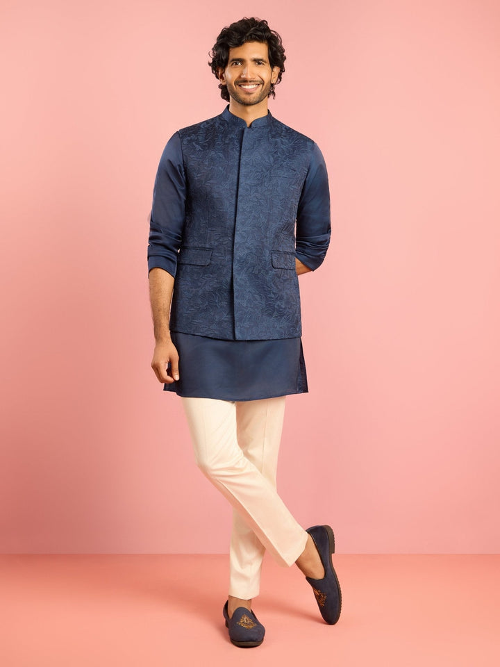 Men's Navy Blue Silk Blend Nehru Jacket - view 6