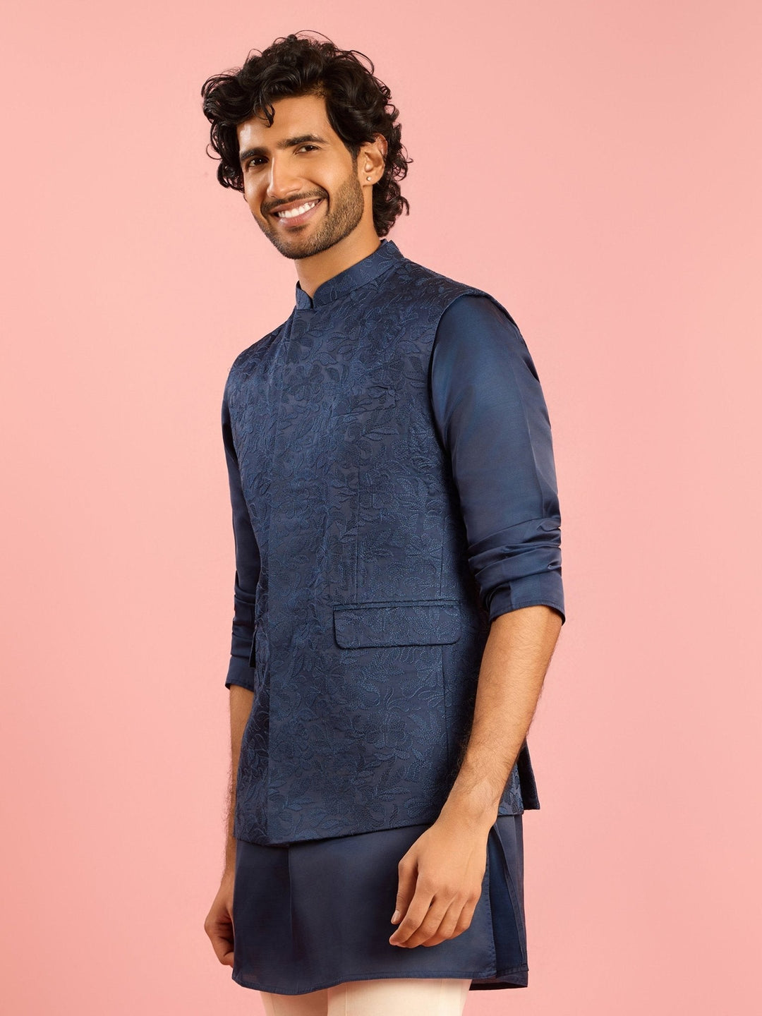 Men's Navy Blue Silk Blend Nehru Jacket - view 4