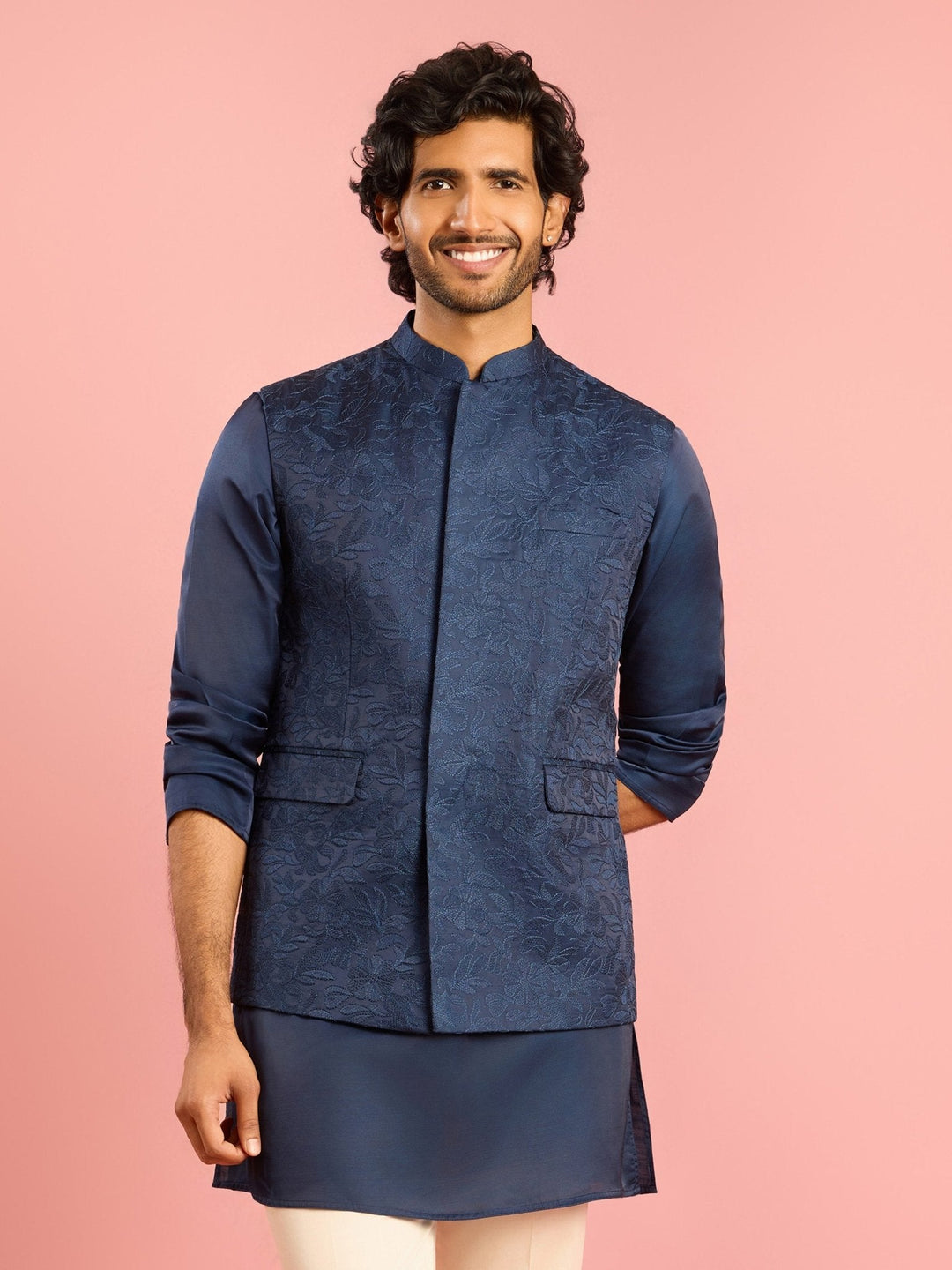 Men's Navy Blue Silk Blend Nehru Jacket - view 3