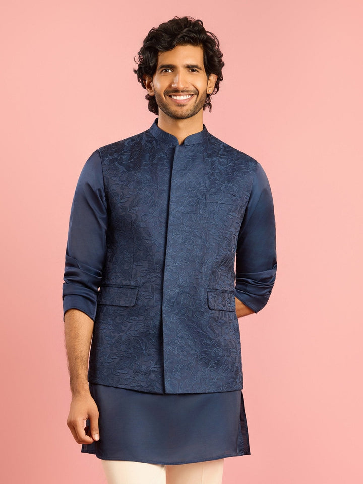 Men's Navy Blue Silk Blend Nehru Jacket - view 3