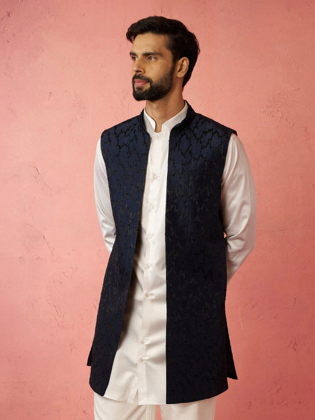Men's Navy Blue Silky Abstract Embroidered Nehru Jacket - view 4