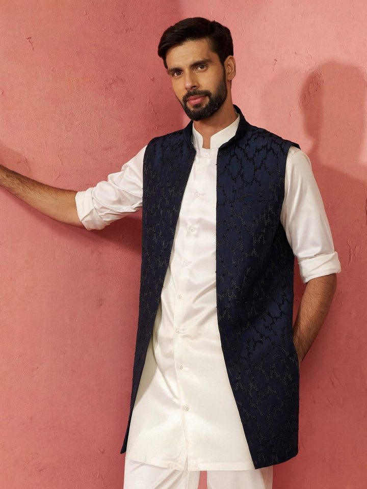 Men's Navy Blue Silky Abstract Embroidered Nehru Jacket - view 3