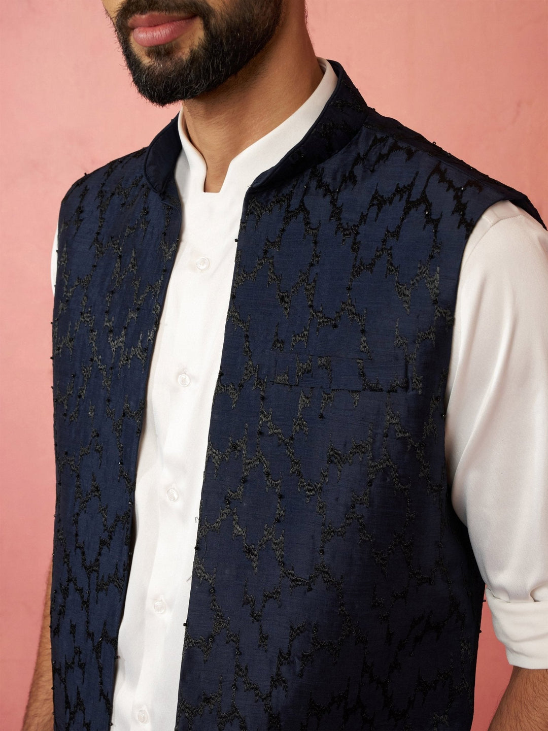 Men's Navy Blue Silky Abstract Embroidered Nehru Jacket - view 2