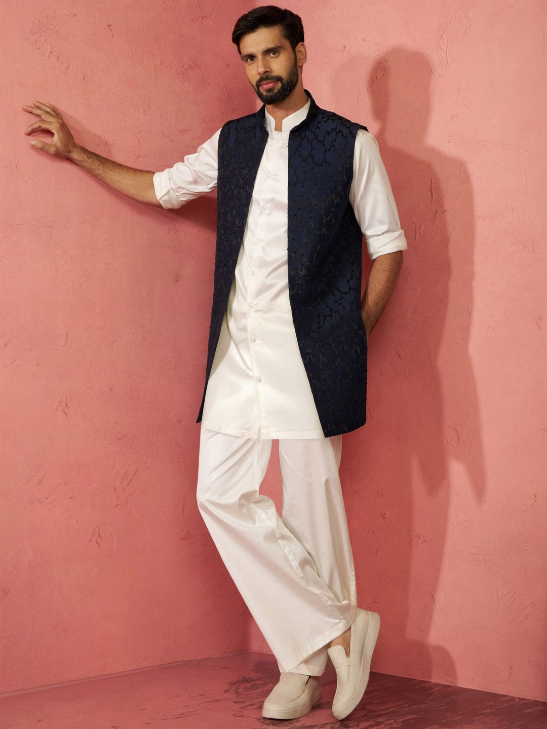 Men's Navy Blue Silky Abstract Embroidered Nehru Jacket - view 6