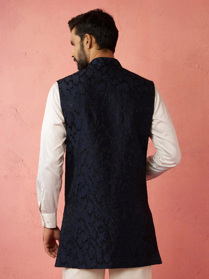 Men's Navy Blue Silky Abstract Embroidered Nehru Jacket - view 5