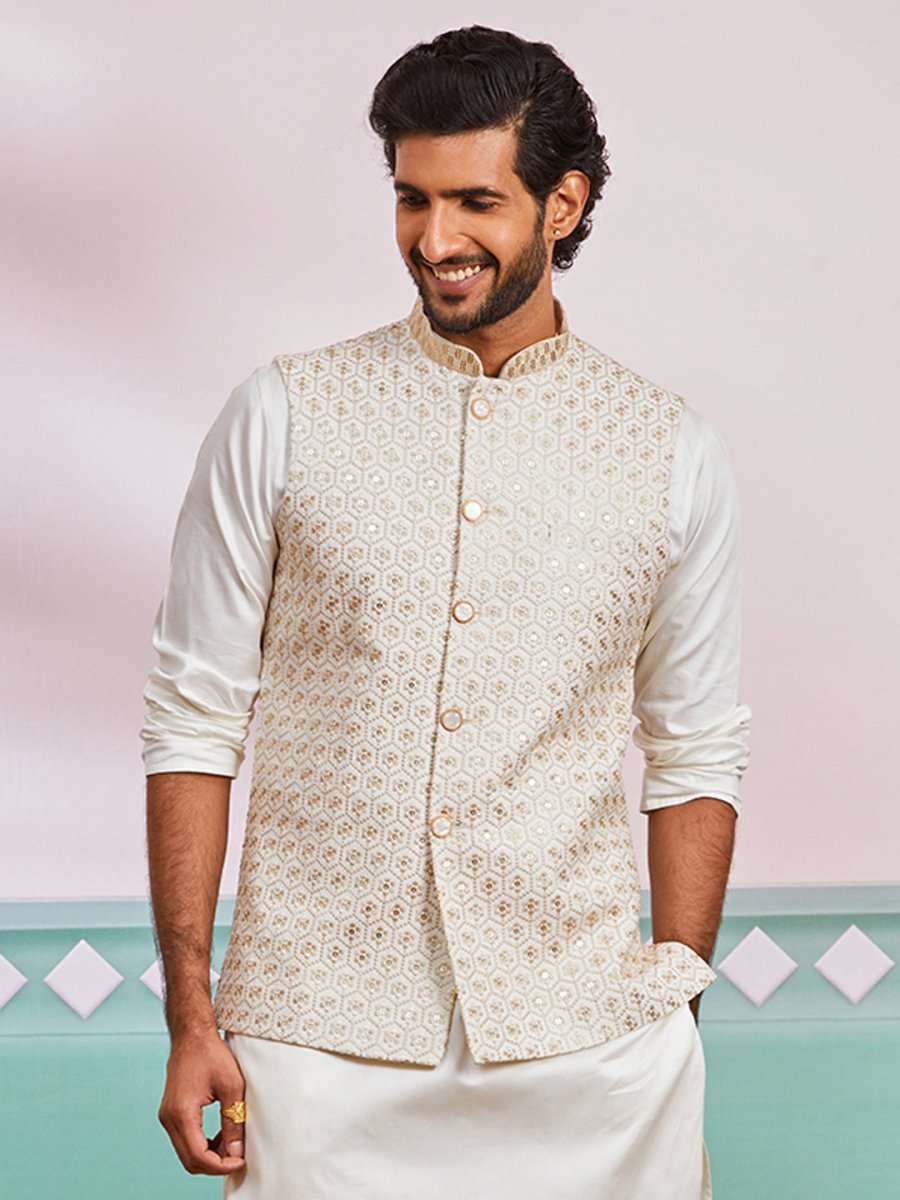 Men's Off White Nehru Jacket - House of Sarvati LLC