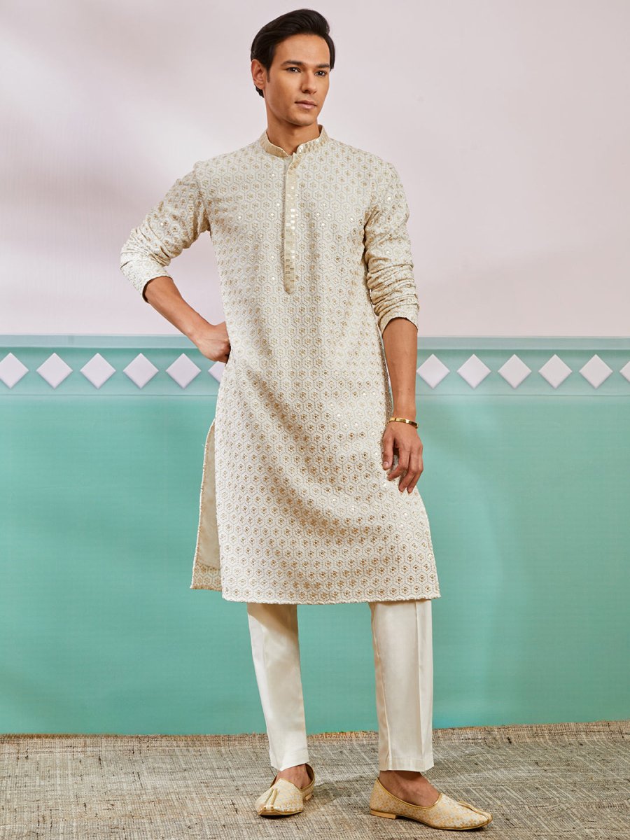 Men's Off White Rayon Kurta & Pyjama Set - House of Sarvati LLC