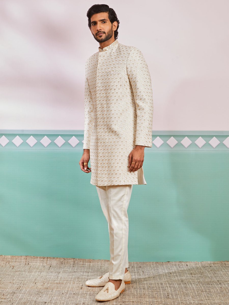 Men's Off White Rayon Sherwani & Pyjama Set - House of Sarvati LLC