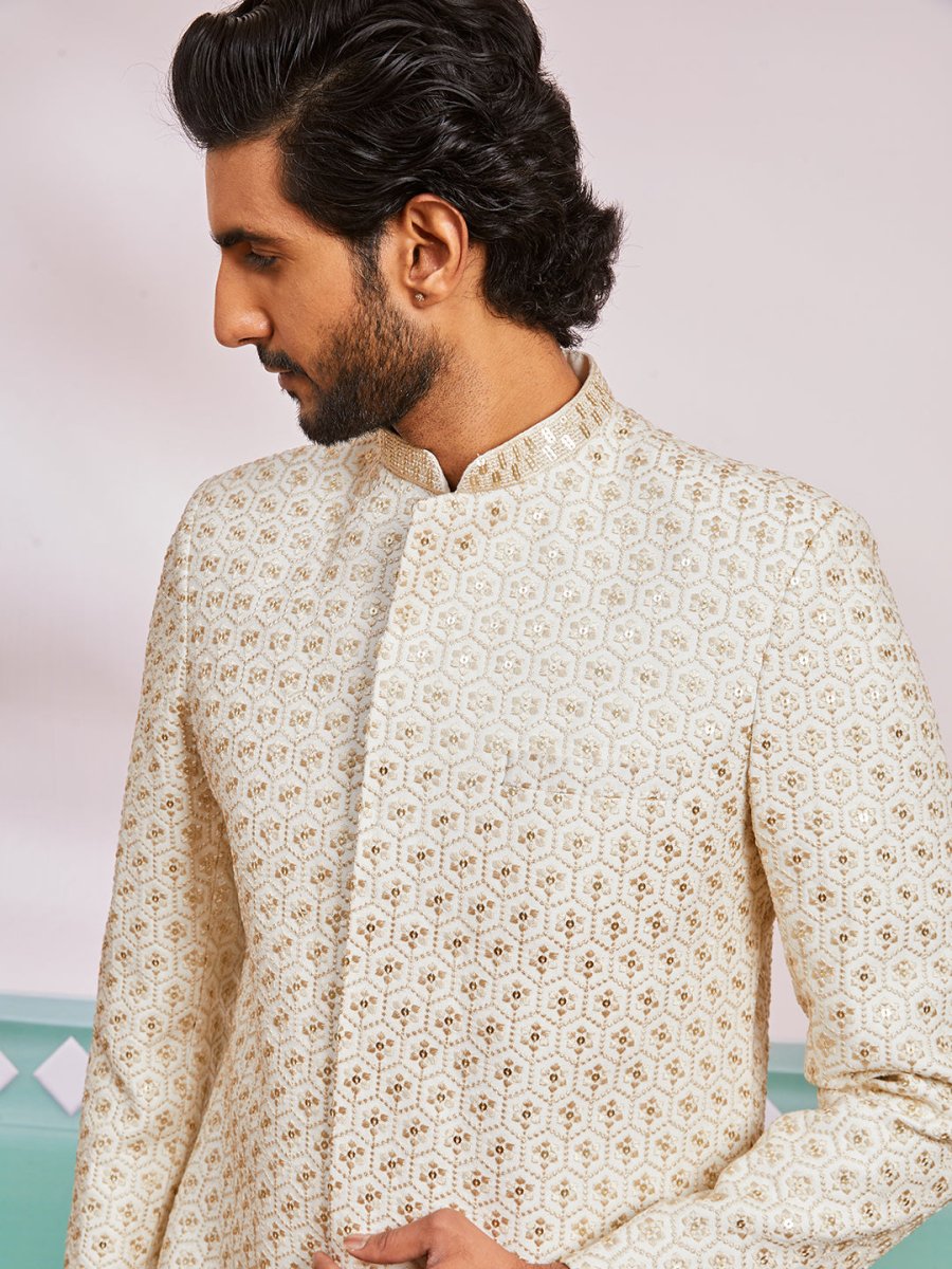Men's Off White Rayon Sherwani & Pyjama Set - House of Sarvati LLC