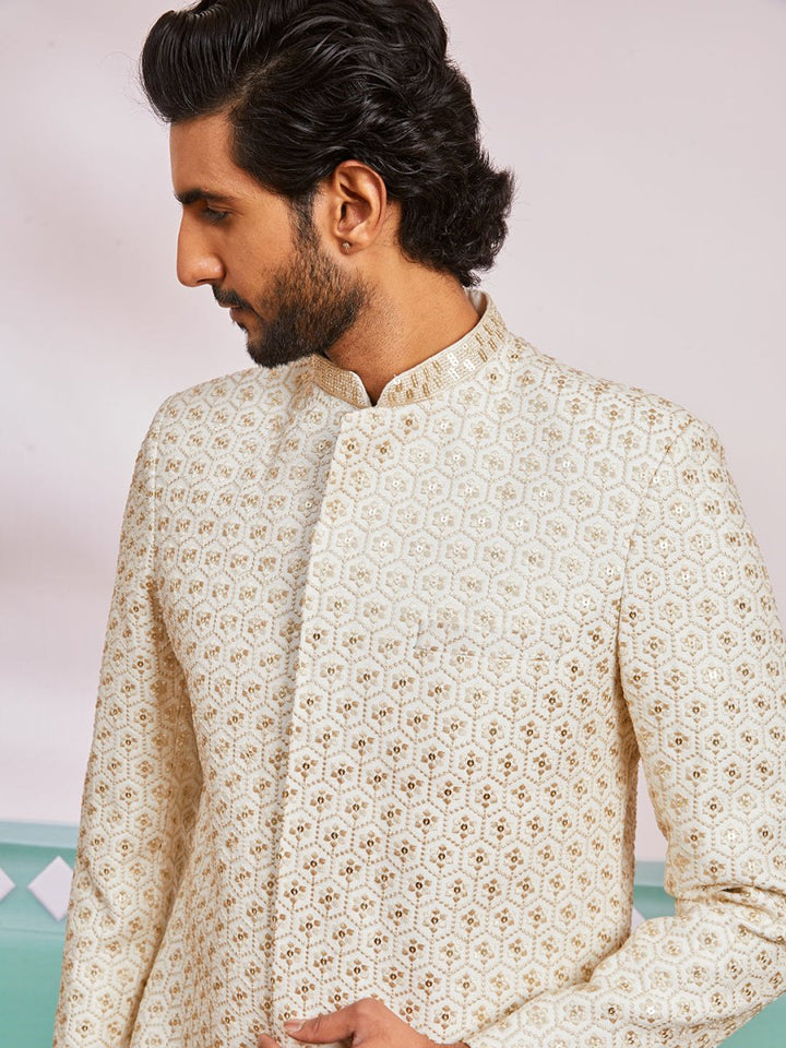 Men's Off White Rayon Sherwani & Pyjama Set - House of Sarvati LLC