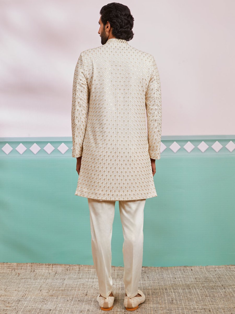 Men's Off White Rayon Sherwani & Pyjama Set - House of Sarvati LLC