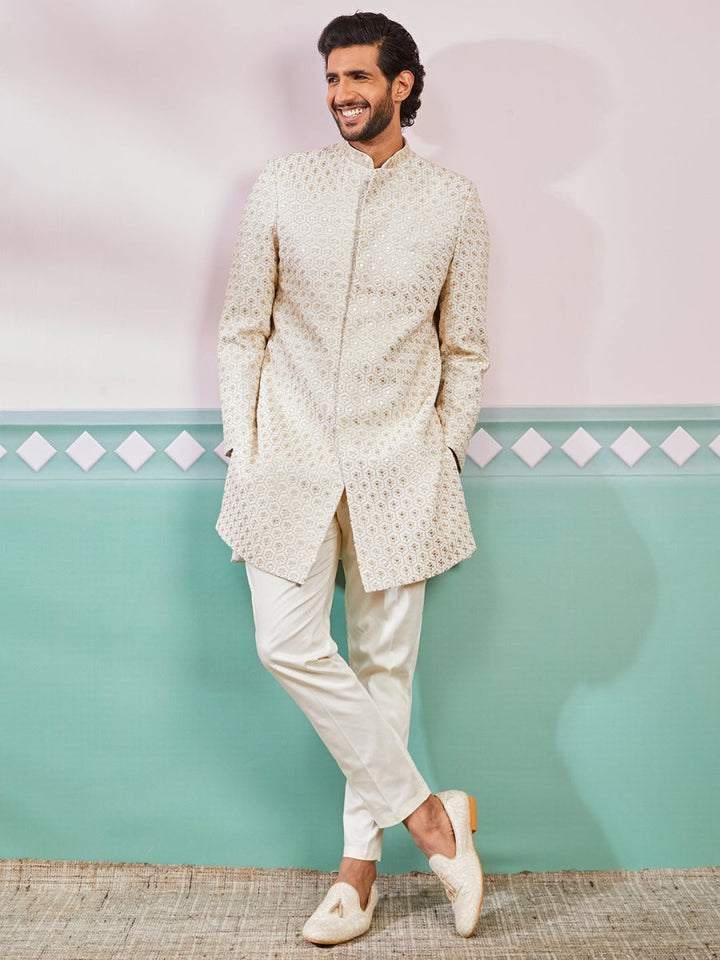 Men's Off White Rayon Sherwani & Pyjama Set - House of Sarvati LLC