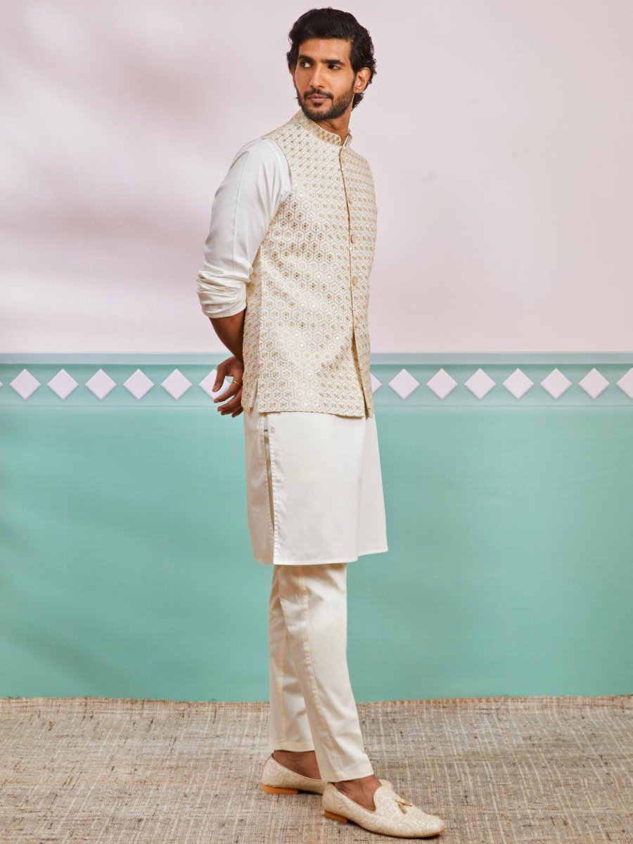 Men's Off White Satin Nehru Jacket Kurta Pyjama Set - House of Sarvati LLC