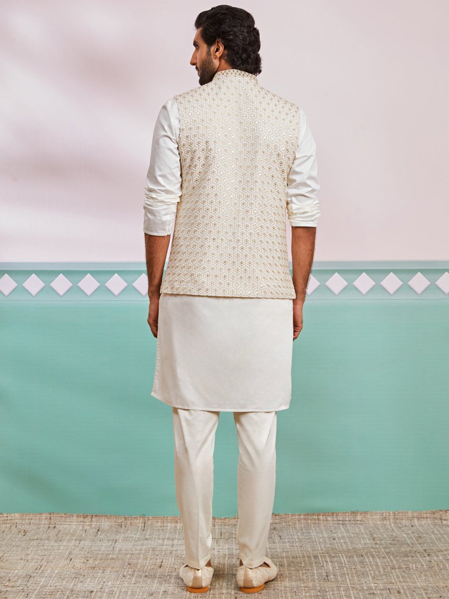 Men's Off White Satin Nehru Jacket Kurta Pyjama Set - House of Sarvati LLC