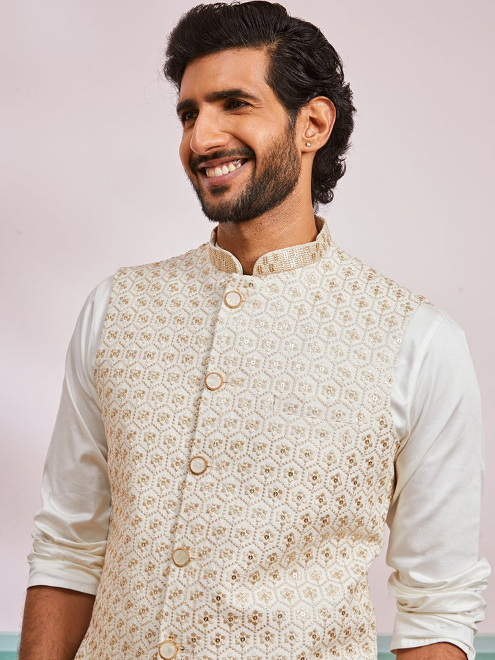 Men's Off White Satin Nehru Jacket Kurta Pyjama Set - House of Sarvati LLC