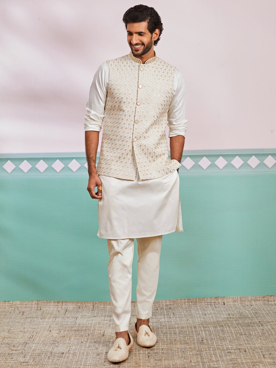 Men's Off White Satin Nehru Jacket Kurta Pyjama Set - House of Sarvati LLC