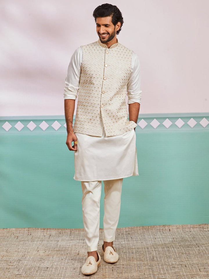 Men's Off White Satin Nehru Jacket Kurta Pyjama Set - House of Sarvati LLC