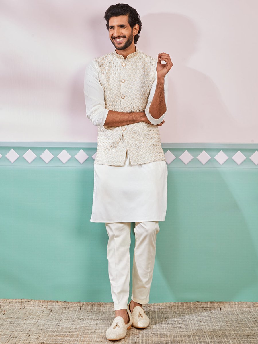 Men's Off White Satin Nehru Jacket Kurta Pyjama Set - House of Sarvati LLC