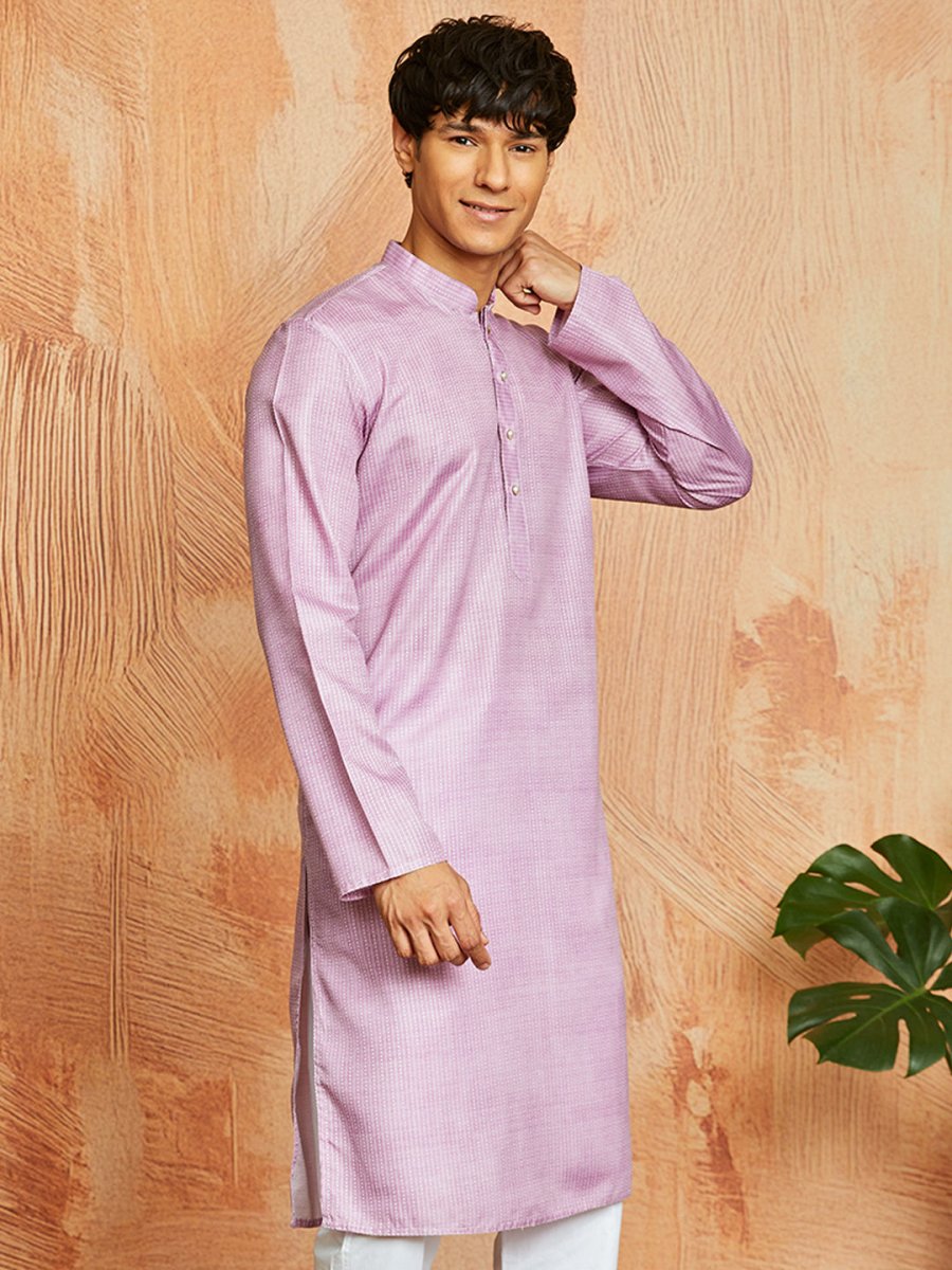 Men's Onion Pink Cotton Blend Kurta with Kantha Work Embroidery - House of Sarvati LLC
