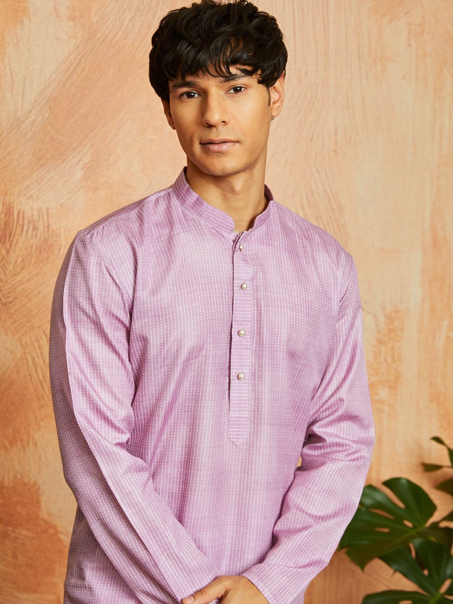 Men's Onion Pink Cotton Blend Kurta with Kantha Work Embroidery - House of Sarvati LLC