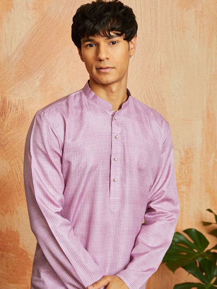 Men's Onion Pink Cotton Blend Kurta with Kantha Work Embroidery - House of Sarvati LLC
