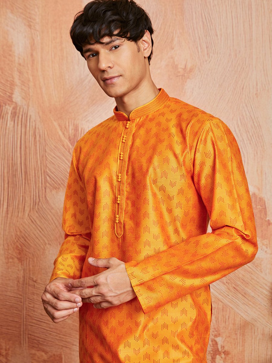 Men's Orange Silk Blend Kurta - House of Sarvati LLC
