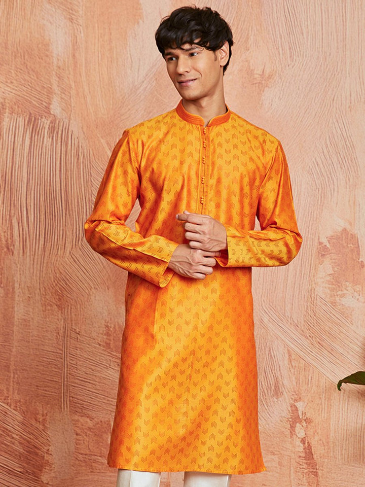 Men's Orange Silk Blend Kurta - House of Sarvati LLC