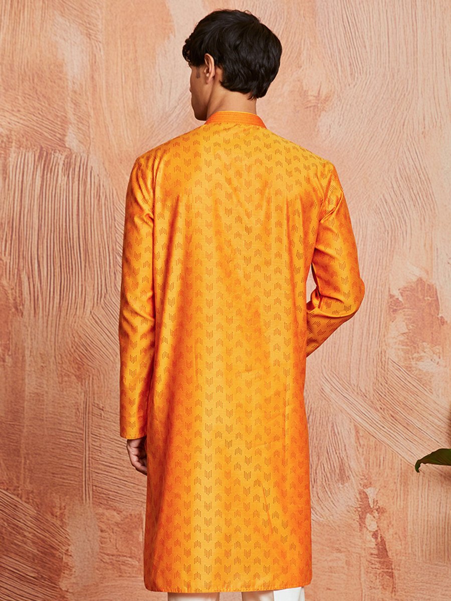 Men's Orange Silk Blend Kurta - House of Sarvati LLC