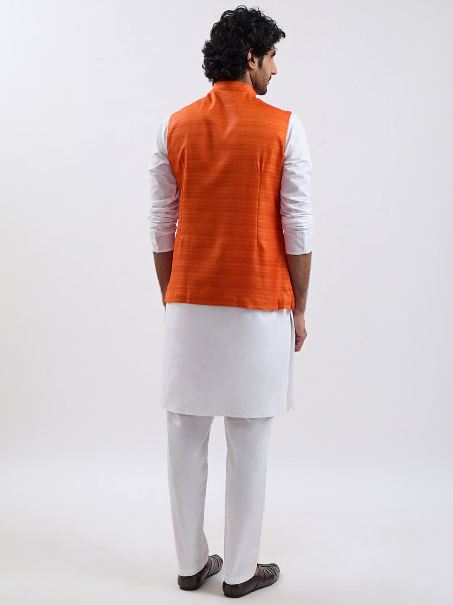 Men's Orange & White Jacket Kurta Pyjama Set - House of Sarvati LLC