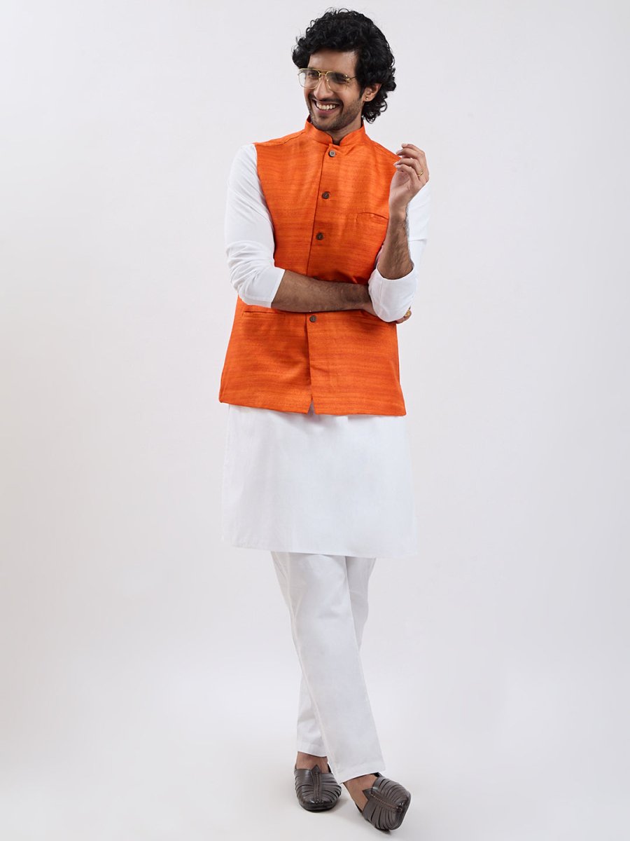 Men's Orange & White Jacket Kurta Pyjama Set - House of Sarvati LLC