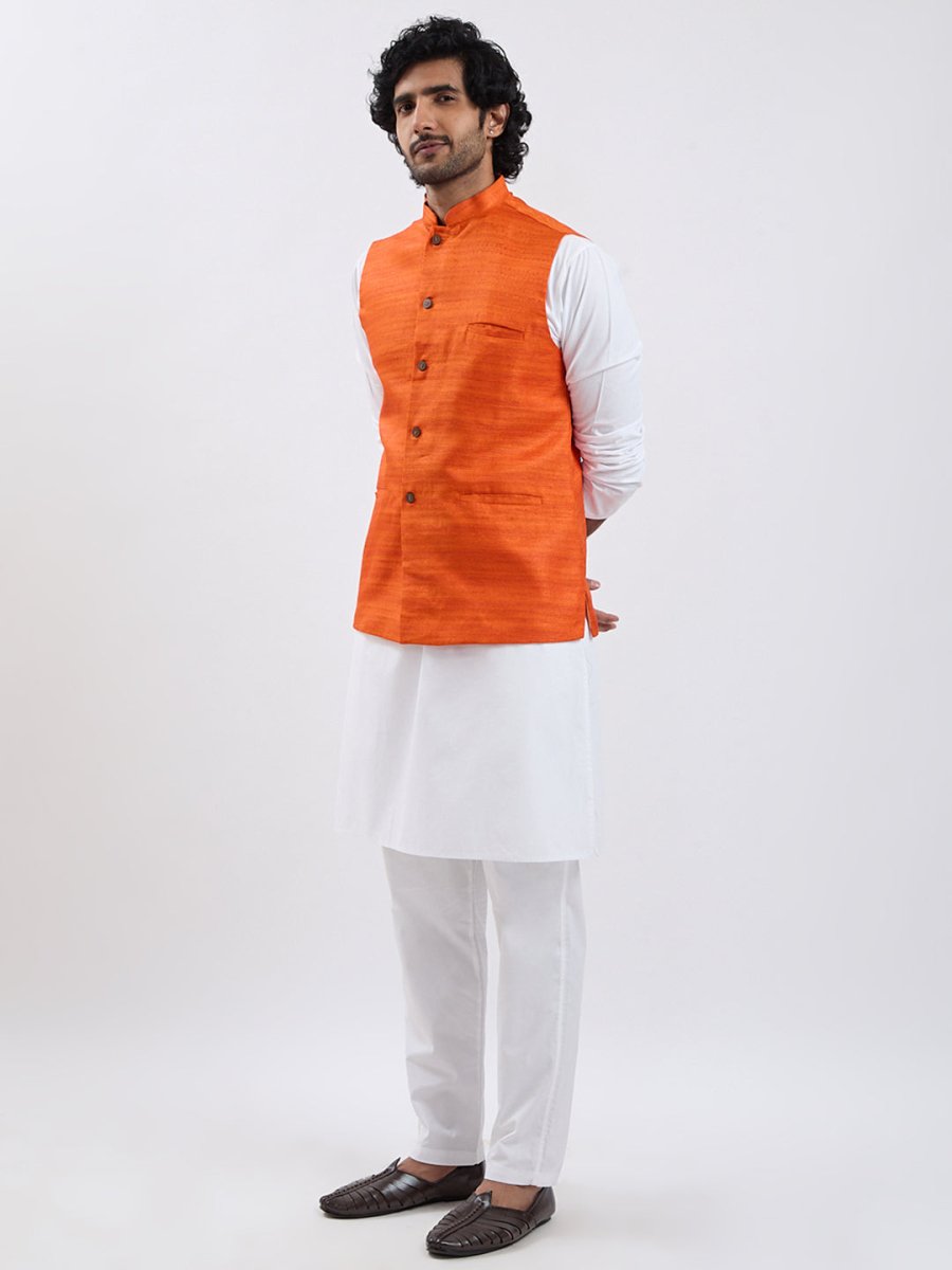 Men's Orange & White Jacket Kurta Pyjama Set - House of Sarvati LLC